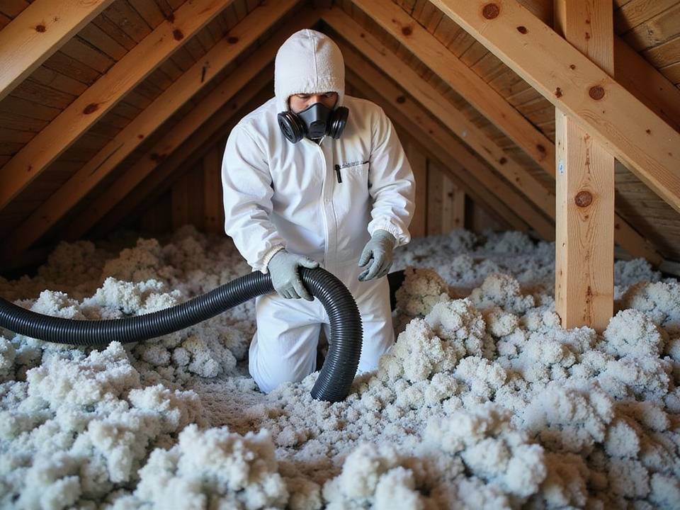 Installer removing old insulation from an attic